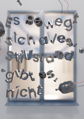 Vor einem Fenster mit einem zartblauen Rahmen schweben metallische 3D-Buchstaben, die deutsche Wörter bilden; um den Text herum sind einige mechanische Teile sichtbar.
