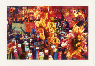 Eine farbenfrohe Collage von Demonstranten mit Schildern, Sonnenblumen und Kerzen. Auf den Schildern finden sich Botschaften wie „Hände hoch, nicht schießen“ und „Keine Gerechtigkeit, kein Frieden“. Oben ist Text gekritzelt.