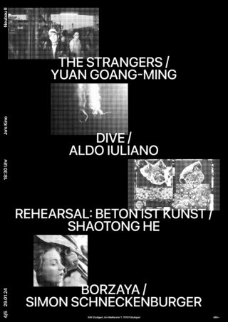 Schwarzes Veranstaltungsplakat mit Graustufenfotos und diagonalem Text mit Künstlerauflistung: Yuan Goang-Ming, Aldo Iuliano, Betonist Kunst, Shaotong He, Borzaya und Simon Schneckenburger.