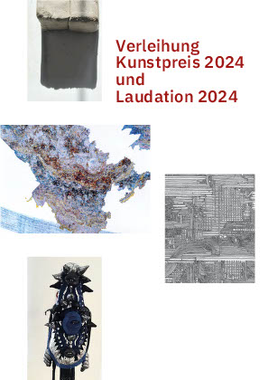 Vier abstrakte Kunstwerke, angeordnet um einen deutschen Text mit der Aufschrift „Verleihung Kunstpreis 2024 und Laudation 2024“ auf weißem Hintergrund.