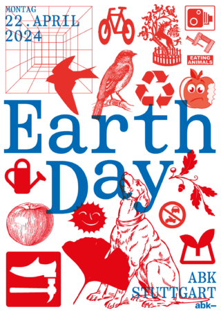 Plakat zum Earth Day 2024 mit blauen und roten Illustrationen von Tieren, Pflanzen, Recycling-Symbolen und umweltfreundlichen Icons, mit Veranstaltungsdetails für ABK Stuttgart am 22. April 2024.