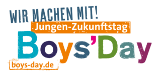 Logo mit dem Text „Wir machen mit! Jungen-Zukunftstag Boys'Day guys-day.de“ in bunten, fetten Buchstaben auf weißem Hintergrund.