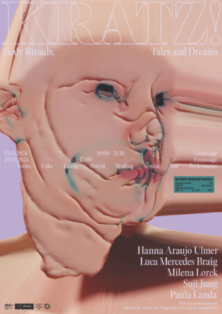Ein digital verzerrtes, abstraktes Gesicht mit Veranstaltungsdetails und Künstlernamen, die in verschiedenen Schriftarten für eine Kunstausstellung mit dem Titel „KRATZ! Körperrituale, Geschichten und Träume“ darübergelegt sind.