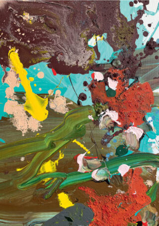 Ein abstraktes Gemälde mit kräftigen Spritzern in Gelb, Grün, Rot, Blaugrün, Braun und Beige mit strukturierten und geschichteten Pinselstrichen und Farbklecksen.