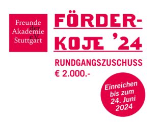 Rot-weiße Grafik für „FÖRDER-KOJE '24“ zur Ausschreibung eines Stipendiums in Höhe von 2.000 € mit Einreichungsschluss am 24. Juni 2024 durch die Freunde der Akademie Stuttgart.