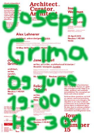 Über einem Poster mit rot-schwarzem Text, auf dem verschiedene Redner und Veranstaltungen aufgelistet sind, befindet sich ein grün aufgesprühter Text mit der Aufschrift „Joseph Grima, 9. Juni, 19:00 Uhr, HS301“.