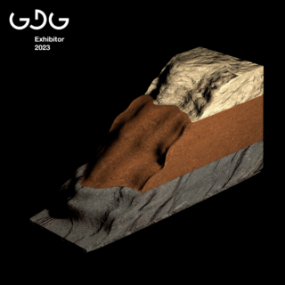 Ein 3D-Modell des geschichteten Geländes zeigt Gestein, Erde und Oberflächenstrukturen. In der oberen linken Ecke steht „GDG-Aussteller 2023“.