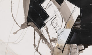 Abstrakte Architekturzeichnung mit überlappenden schwarzen, weißen und grauen Formen, linearen Umrissen und Tuschezeichnungen auf weißem Hintergrund.