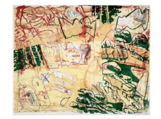 Abstraktes Kunstwerk mit überlappenden roten, grünen und schwarzen Linien und Formen auf beigem Hintergrund, wodurch ein vielschichtiger und chaotischer visueller Effekt entsteht.