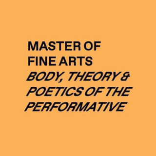 Der Text auf orangefarbenem Hintergrund lautet: „MASTER OF FINE ARTS BODY, THEORY & POETICS OF THE PERFORMATIVE“ in schwarzer, fetter und kursiver Schrift.