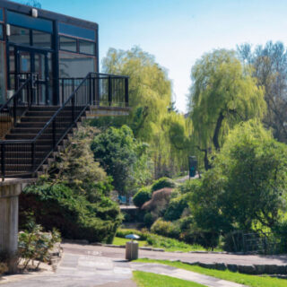 Ein Gebäude mit großen Fenstern und einer Außentreppe bietet an einem sonnigen Tag Blick auf einen angelegten Garten mit Bäumen und Sträuchern.