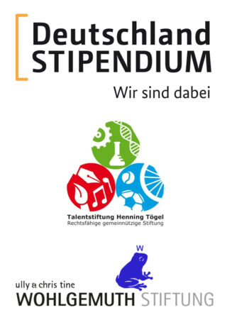 Plakat mit dem Text „Deutschlandstipendium, Wir sind dabei“, Logos der Talentsstiftung Henning Tögel und der Wohlgemuth Stiftung sowie Icons für Wissenschaft, Musik und Literatur.