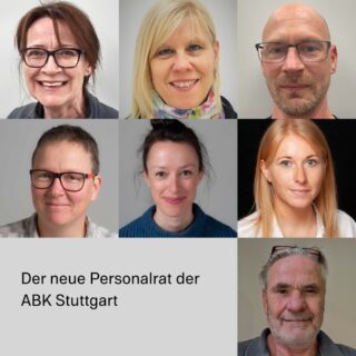 Eine Collage aus sieben rasterförmig angeordneten Einzelporträts der Mitglieder des neuen Personalrats der ABK Stuttgart.