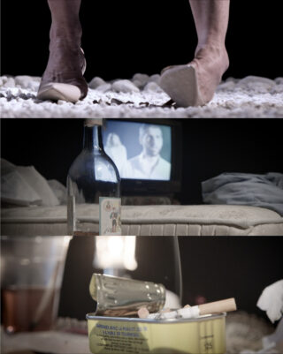 Eine Person läuft auf Kies; eine Flasche, ein Glas und ein Fernseher auf einem unordentlichen Bett; ein Behälter mit einem zerbrochenen Glas und einer Zigarette.