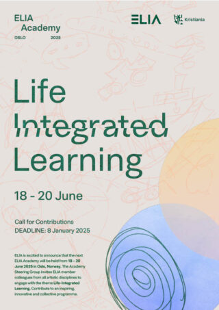 Poster für die ELIA Academy 2025 in Oslo, Norwegen, mit dem Titel „Life Integrated Learning“, mit Veranstaltungsterminen vom 18. bis 20. Juni und einer Frist für die Einreichung von Beiträgen am 8. Januar 2025.