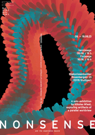 Plakat für eine Kunstausstellung mit dem Titel „NONsense“ von Nikolas Wiest mit abstrakten roten und blaugrünen Formen, Veranstaltungsdaten und Angaben zum Veranstaltungsort in Stuttgart.