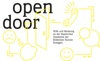 Grafik mit dem Text „offene Tür“ und Abbildungen einer Tür, eines Telefons, einer Sprechblase, trauriger und glücklicher Gesichter sowie einem deutschen Text über Hilfe und Beratung an der Staatlichen Akademie der Bildenden Künste Stuttgart.