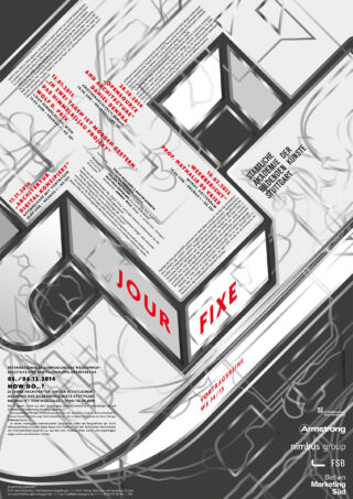 Abstraktes Architekturdesign-Poster mit dem fettgedruckten Text „JOUR FIXE“ und Veranstaltungsdetails in Rot und Schwarz auf einem grauen geometrischen Hintergrund mit Sponsorenlogos unten.