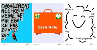 Dreiteiliges Bild: Links ist eine Person an einem Seil zu sehen, die Graffiti übermalt, in der Mitte ist ein orangefarbener Erste-Hilfe-Kasten mit der Aufschrift „Ersti Hilfe“ zu sehen, rechts sind Text und Linien zu sehen, die ein lächelndes Gesicht bilden.