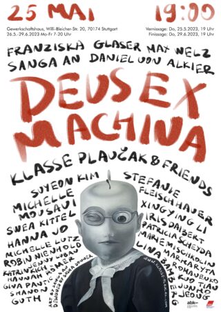 Ein Plakat für die Kunstaktion „DEUS EX MACHINA“ am 25. Mai um 19:00 Uhr mit der Zeichnung einer Person mit Brille und einer Liste der teilnehmenden Künstler. Details zur Veranstaltung finden Sie oben.