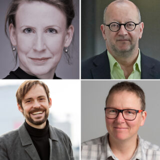 Eine Collage aus vier Personen, jeweils von den Schultern aufwärts gezeigt, darunter zwei Frauen und zwei Männer, die alle in die Kamera blicken und lächeln oder einen neutralen Gesichtsausdruck haben.