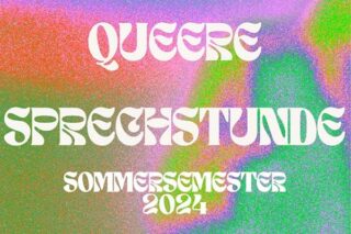 Der Text in stilisierter Schriftart lautet „Queere Sprechstunde Sommersemester 2024“ auf einem farbenfrohen, abstrakten Hintergrund.