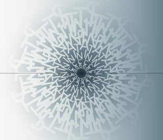 Ein kreisförmiges Muster aus überlappenden weißen Buchstaben auf einem grauen Hintergrund mit Farbverlauf, mit einer dünnen horizontalen Linie, die durch die Mitte verläuft.