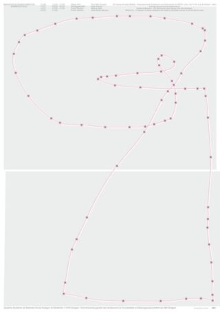 Eine blasse Karte mit einem rosa Pfad in einer schleifenförmigen, abstrakten Form, gekennzeichnet durch kleine quadratische Punkte, die durch Linien auf einem hellgrauen Hintergrund verbunden sind.
