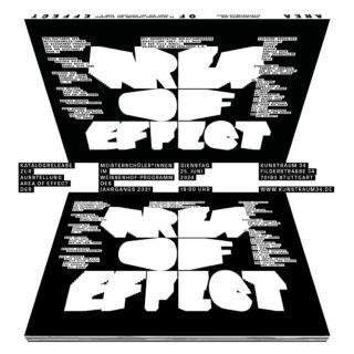 Schwarz-weißes Poster mit gespiegeltem Text „AREA OF EFFECT“ und Ausstellungsdetails wie Datum, Ort und Teilnehmern für eine Veranstaltung in Stuttgart am 25. Juni 2024.