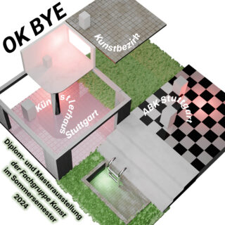 3D-gerenderte Szene mit beschrifteten Bereichen, Schachbrett- und Grasmustern sowie einem Ankündigungstext zur Stuttgarter Kunstdiplom- und Masterausstellung im Sommersemester 2024.