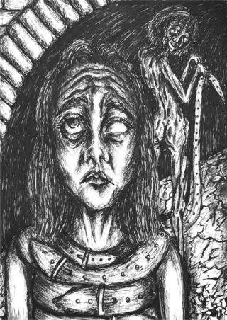 Eine verzweifelte Person in einer Zwangsjacke starrt ins Leere, während im Hintergrund eine dünne, unheimliche Kreatur steht, die eine Schlange hält; die Szene ist in einem dunklen, skizzenhaften Stil dargestellt.