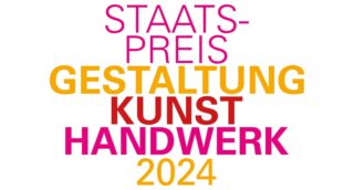 Textgrafik mit den Worten „Staatspreis Gestaltung Kunst Handwerk 2024“ in kräftigen rosa, orangen und roten Buchstaben auf weißem Hintergrund.