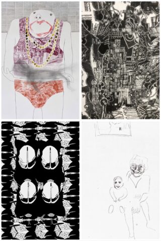 Ein Raster aus vier abstrakten Kunstwerken: eine Figur in Rot und Schmuck, ein dichtes Schwarz-Weiß-Muster, ein gespiegeltes geometrisches Design und eine Bleistiftskizze eines lächelnden Erwachsenen mit einem Kind.