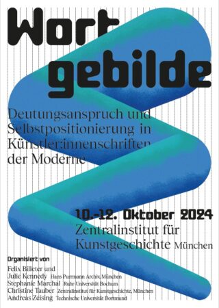 Plakat für die Veranstaltung „Wortgebilde“ mit kräftigem schwarzem und gelbem Text, blaugrünen abstrakten Formen und Veranstaltungsdetails: 10.–12. Oktober 2024, Zentralinstitut für Kunstgeschichte, München.