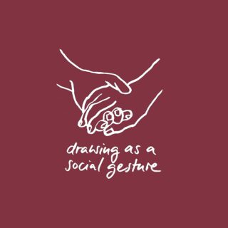 Eine Strichzeichnung zweier sich berührender Hände auf kastanienbraunem Hintergrund, darunter steht der Text „Zeichnen als soziale Geste“.