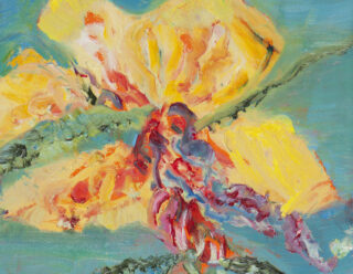 Abstraktes Ölgemälde einer gelben und orangefarbenen Blume mit strukturierten, kräftigen Pinselstrichen auf blaugrünem Hintergrund.