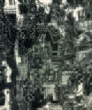 Abstrakte Schwarz-Weiß-Zeichnung mit dichten, komplizierten geometrischen und organischen Mustern mit überlappenden Linien und Formen.