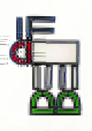 Geometrische Formen in Schwarz, Rot, Blau und Grün bilden eine stilisierte, abstrakte tierähnliche Figur auf weißem Hintergrund.