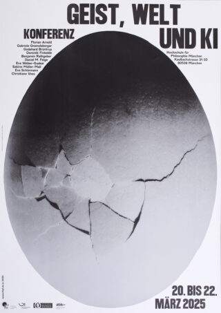 Poster zur Konferenz „Geist, Welt und KI“ mit einem Bild eines zerbrochenen Eis, Veranstaltungsdetails, Terminen (20.-22. März 2025) und Ort in München.