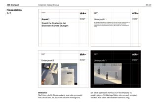 Vier Präsentationsfolienlayouts aus einem Corporate-Design-Handbuch für ABK Stuttgart mit Richtlinien für Titel, Untertitel, Bildplatzierung und Textausrichtung.