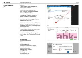 Screenshot einer Unternehmenshandbuchseite mit Anweisungen und Bildern zum Erstellen einer E-Mail-Signatur von ABK Stuttgart unter Verwendung von Richtlinien für Layout, Logo und Textformatierung in deutscher Sprache.
