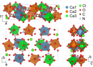 Kugel-Stab- und Polyedermodell, das die Kristallstruktur einer Verbindung mit verschiedenen Atomen zeigt, die durch farbige Kugeln und Polyeder dargestellt werden. Für jedes Element ist eine Legende angegeben.
