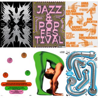 Eine Collage aus sechs Grafikpostern mit kräftiger Typografie, geometrischen Formen, leuchtenden Farben und einem Foto einer Person in einer Rückbeugepose mit grüner Farbe auf dem Körper.