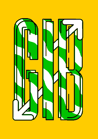 Fettgedruckte Buchstaben „GB“ mit grün-weißen Wellenstreifen und weißen Pfeilen, schwarz umrandet, auf gelbem Hintergrund.