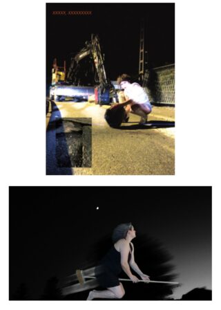 Oberes Bild: Person kauert nachts auf einer Straße in der Nähe von Baumaschinen. Unteres Bild: Person reitet nachts auf einem Besen, mit unscharfem Hintergrund und einem kleinen Mond darüber.