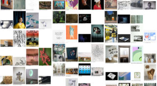 Eine Collage aus verschiedenen zeitgenössischen Kunstwerken, Fotografien und Designs, die in einem Rastermuster angeordnet sind und unterschiedliche Stile, Medien und Themen zeigen.