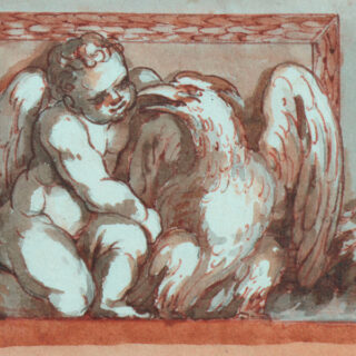 In einem Kunstwerk im klassischen Stil sitzt ein engelsgleiches Kind neben einem großen Vogel, möglicherweise einem Schwan oder einer Gans, und ihre Gesichter liegen dicht beieinander.