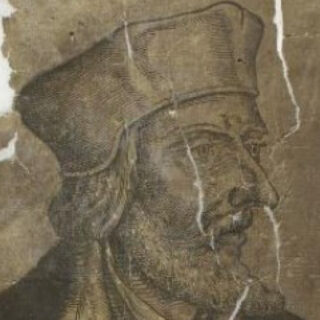 Eine sepiafarbene, gealterte Zeichnung eines bärtigen Mannes mit Mütze, der nach rechts blickt und sichtbare Risse und Falten auf der Bildoberfläche aufweist.