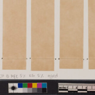 Vertikal ausgerichtete Streifen aus gealtertem Papier mit schwarzen Punkten dazwischen, Farbkalibrierungstabelle und Messskala am unteren Rand. Handschriftliche Etiketten geben „JP B Mfc 5 %“ und „KG 5 % gealtert“ an.