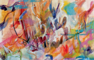 Ein abstraktes Gemälde mit lebendigen Wirbeln und Farbspritzern, darunter Orange, Rosa, Blau, Gelb und Lila, die eine dynamische, chaotische Komposition schaffen.